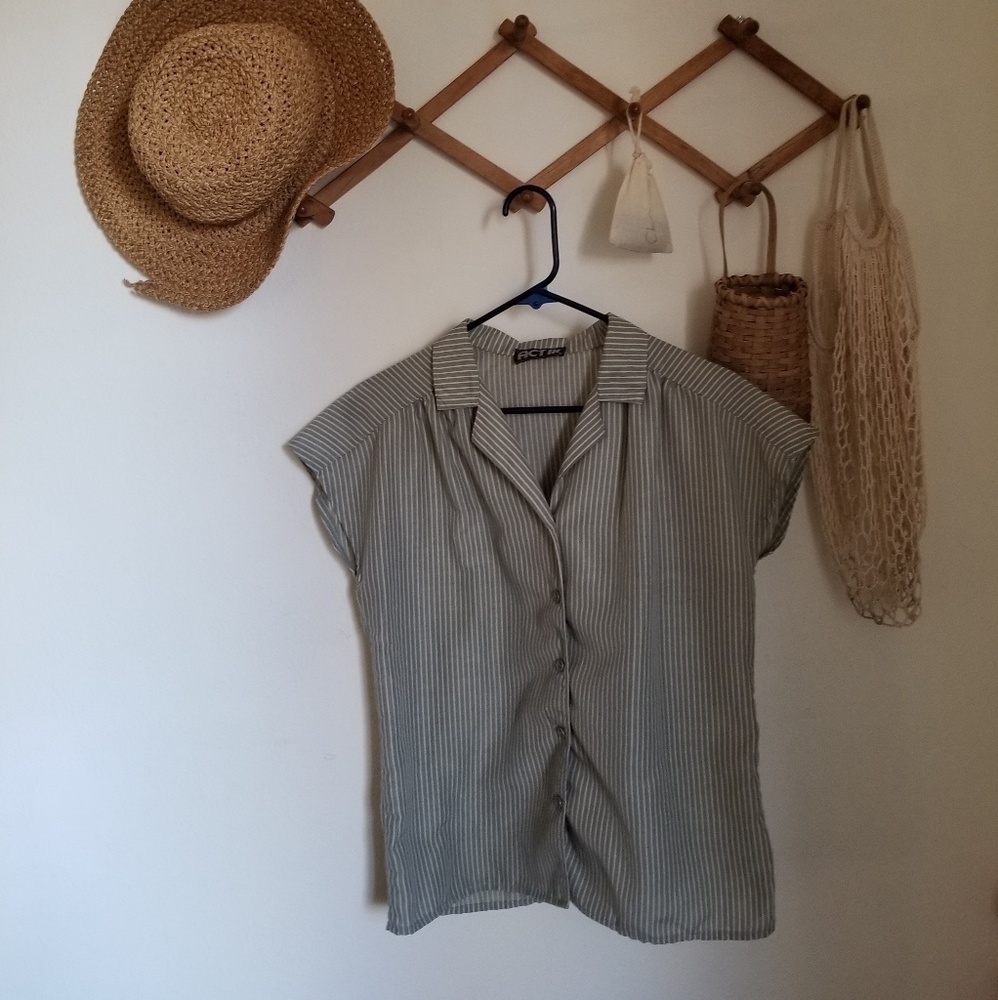 Green striped vintage button down tee